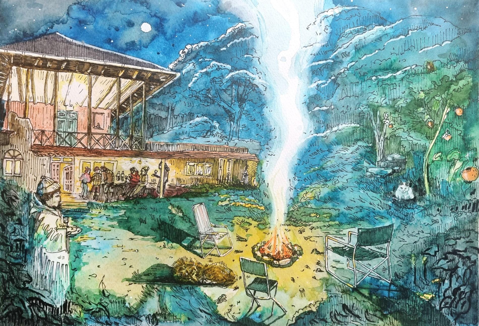 Babak and Sangak watercolor night garden scene